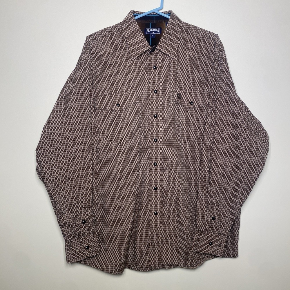 Panhandle Shirt Mens XL‎ Brown Western Pearl Snap Geometric Pattern Long Sleeve